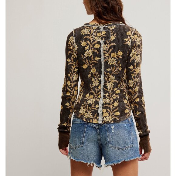 Free People Dark Brown and Gold Floral Long Sleeve Tee - Picture 3 of 6